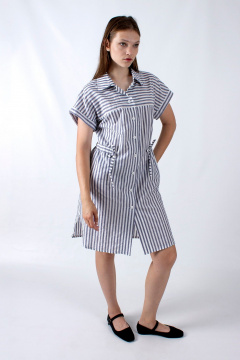 Платье прямого силуэта с рукавом фонарик и кулиской Mita ЖМ1186 синий_полоска - фото 3