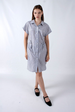 Платье прямого силуэта с рукавом фонарик и кулиской Mita ЖМ1186 синий_полоска - фото 1