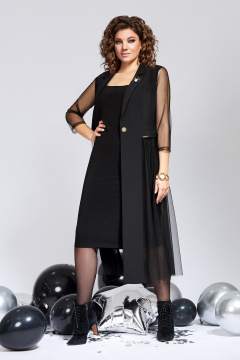 Комплект платье и накидка с рельефами и отделкой Милора-стиль 1136/1 черный - фото 2