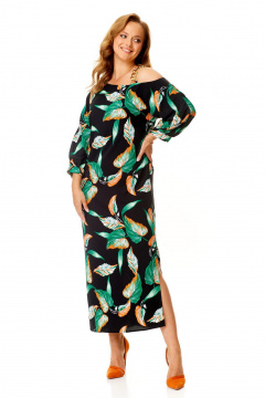 Классическое платье с ассиметричной горловиной и поясом VI ORO VR-1141 черный+листья - фото 3