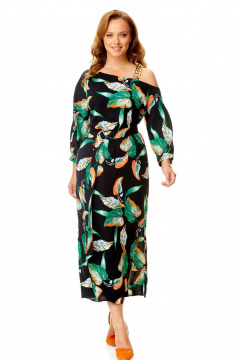 Классическое платье с ассиметричной горловиной и поясом VI ORO VR-1141 черный+листья - фото 5