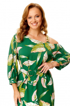 Нарядное платье с летучей мышью и декоративной цепью VI ORO VR-1141 зеленый+листья - фото 5