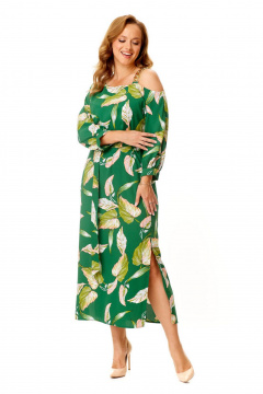 Нарядное платье с летучей мышью и декоративной цепью VI ORO VR-1141 зеленый+листья - фото 4