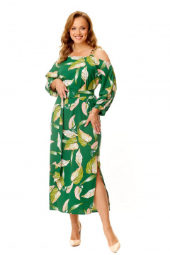 Нарядное платье с летучей мышью и декоративной цепью VI ORO VR-1141 зеленый+листья - фото 2