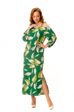Нарядное платье с летучей мышью и декоративной цепью VI ORO VR-1141 зеленый+листья - фото 1