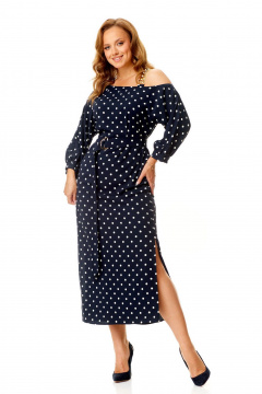 Элегантное платье с ассиметричной горловиной и разрезами VI ORO VR-1141 темно-синий+мелкий_горох - фото 2