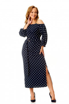 Элегантное платье с ассиметричной горловиной и разрезами VI ORO VR-1141 темно-синий+мелкий_горох - фото 1