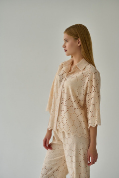 Блуза из хлопка с фигурным краем и свободным кроем Мастер Мод 853с бежевый - фото 3