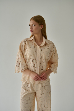 Блуза из хлопка с фигурным краем и свободным кроем Мастер Мод 853с бежевый - фото 1