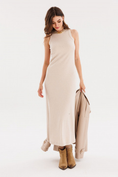 Платье приталенное из трикотажного рубчика с разрезом EOLA 2666 бежевый - фото 4