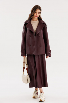 Юбка из экокожи А-образная миди с карманами и складками EOLA 2691 бордовый - фото 5