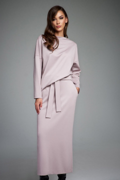 Комплект джемпер и юбка с прорезной линией и поясом-завязкой DILIA 0883 пыльная_роза - фото 2