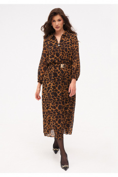 Миди платье из шифона с ремнем и рукавом 7/8 KaVaRi 1092 леопардовый - фото 1