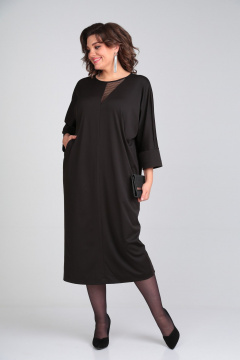 Черное платье из трикотажа с сетчатой вставкой и прорезными карманами Michel chic 2113/2 черный - фото 5