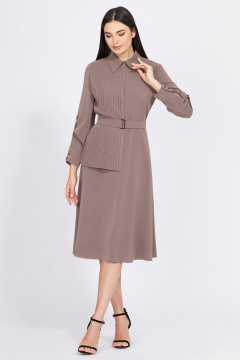 Миди платье из текстиля с поясом и складками Bazalini 4933 кофейный - фото 1