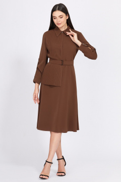 Миди платье из текстиля с поясом и рукавами Bazalini 4933 коричневый - фото 1