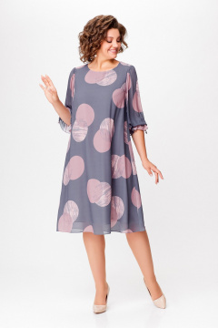 Демисезонное однотонное шифоновое платье А-силуэта с рукавом 7/8 Swallow 761 серый/принт"розовые_круги" - фото 5