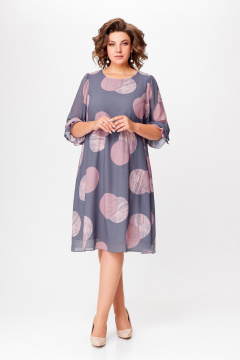 Демисезонное однотонное шифоновое платье А-силуэта с рукавом 7/8 Swallow 761 серый/принт"розовые_круги" - фото 3