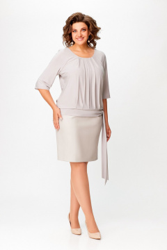 Платье прямого силуэта из текстиля и экокожи до колена Swallow 763 бело-серый - фото 3