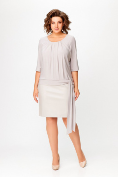 Платье прямого силуэта из текстиля и экокожи до колена Swallow 763 бело-серый - фото 1