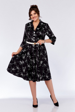 Платье Х-образного силуэта из вискозы с декоративными пуговицами Swallow 735.1 черный_принт/белые_цветы - фото 3