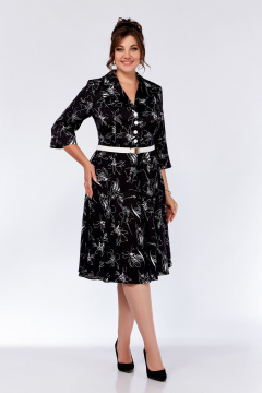 Платье Х-образного силуэта из вискозы с декоративными пуговицами Swallow 735.1 черный_принт/белые_цветы - фото 1