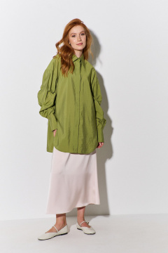 Зеленая свободная рубашка с декоративными рукавами из текстиля FLAIM 1107 оливковый - фото 3