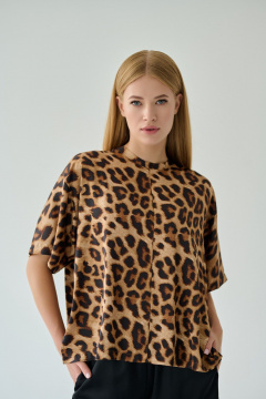Блуза оверсайз с разрезами, шелковистая ткань, универсальный стиль Мастер Мод 803ас леопард_рыжий - фото 1