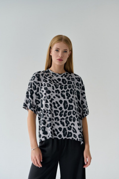 Блуза оверсайз с кружевом, длинные рукава,юбго стиль и комфорт Мастер Мод 803ас леопард_серый - фото 1