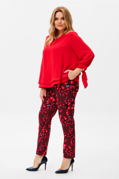 Летний комплект из шифоновой блузки и узких брюк в ярком принте Michel chic 1390 красный,розы - фото 4