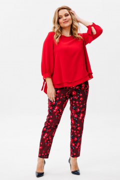 Летний комплект из шифоновой блузки и узких брюк в ярком принте Michel chic 1390 красный,розы - фото 3