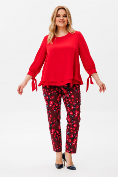 Летний комплект из шифоновой блузки и узких брюк в ярком принте Michel chic 1390 красный,розы - фото 1