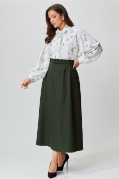 Демисезонный комплект блузка и юбка из текстиля Andina city 9045-24 хаки-белый - фото 3