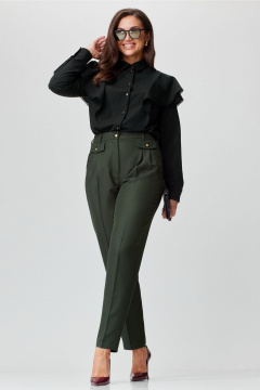 Демисезонный комплект блузка и брюки из текстиля Andina city 9047-24 хаки-черный - фото 1