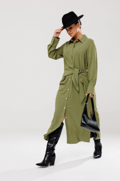 Платье рубашка с ассиметричным кроем и поясом для повседневных образов Anastasia 1135 олива - фото 2
