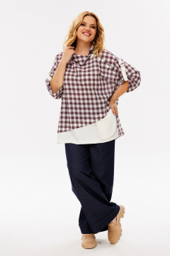 Демисезонная блуза со складкой и декором из клетчатой ткани Michel chic 751/1 сирень_молоко - фото 3