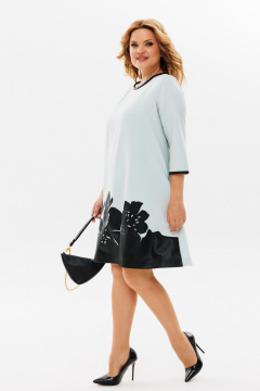 Демисезонное платье трапеция из текстиля с вышивкой из эко-кожи Michel chic 2140 голубой - фото 3