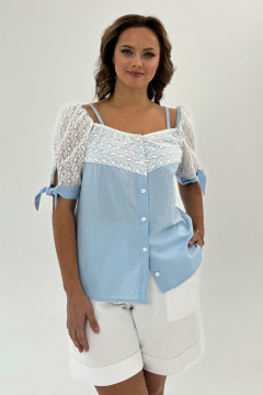 Летняя блузка с кружевными вставками и рукавами-фонариками Condra 16058 голубой - фото 1