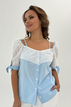 Летняя блузка с кружевными вставками и рукавами-фонариками Condra 16058 голубой - фото 2