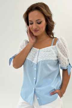 Летняя блузка с кружевными вставками и рукавами-фонариками Condra 16058 голубой - фото 3