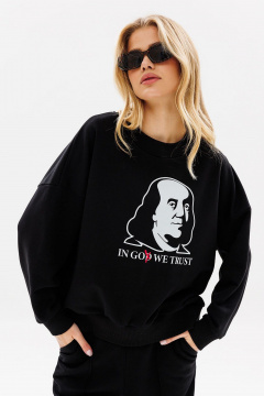 Черный свитшот с дизайнерской печатью и спущенными плечами GO F4083/40-02. 164-170 - фото 1