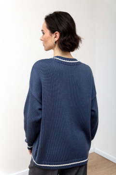 Синий двухцветный джемпер из шерстяной пряжи, свободный крой Romgil 935ШТЗ индиго,молочный - фото 2