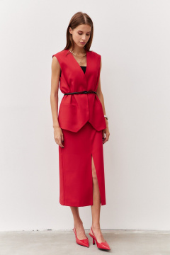 Красная юбка из текстиля с разрезом и поясом Luitui R2068 красный - фото 4