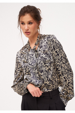 Демисезонная блузка с длинным рукавом и V-вырезом KaVaRi 4015 черный_принт - фото 5