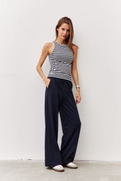 Брюки широкие из двухнитки с стрелками и эластичным поясом Luitui R2032 темно-синий - фото 4