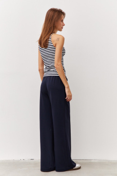 Брюки широкие из двухнитки с стрелками и эластичным поясом Luitui R2032 темно-синий - фото 3