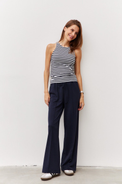 Брюки широкие из двухнитки с стрелками и эластичным поясом Luitui R2032 темно-синий - фото 1