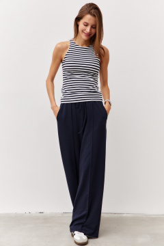 Брюки широкие из двухнитки с стрелками и эластичным поясом Luitui R2032 темно-синий - фото 2