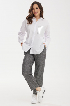 Стильный демисезонный комплект блузы и брюк из хлопка и костюмной ткани Магия моды 2458 белый-серый - фото 1