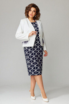 Платье и жакет с приталенным силуэтом и перьями Aira Style 24-32 сине-молочный - фото 1